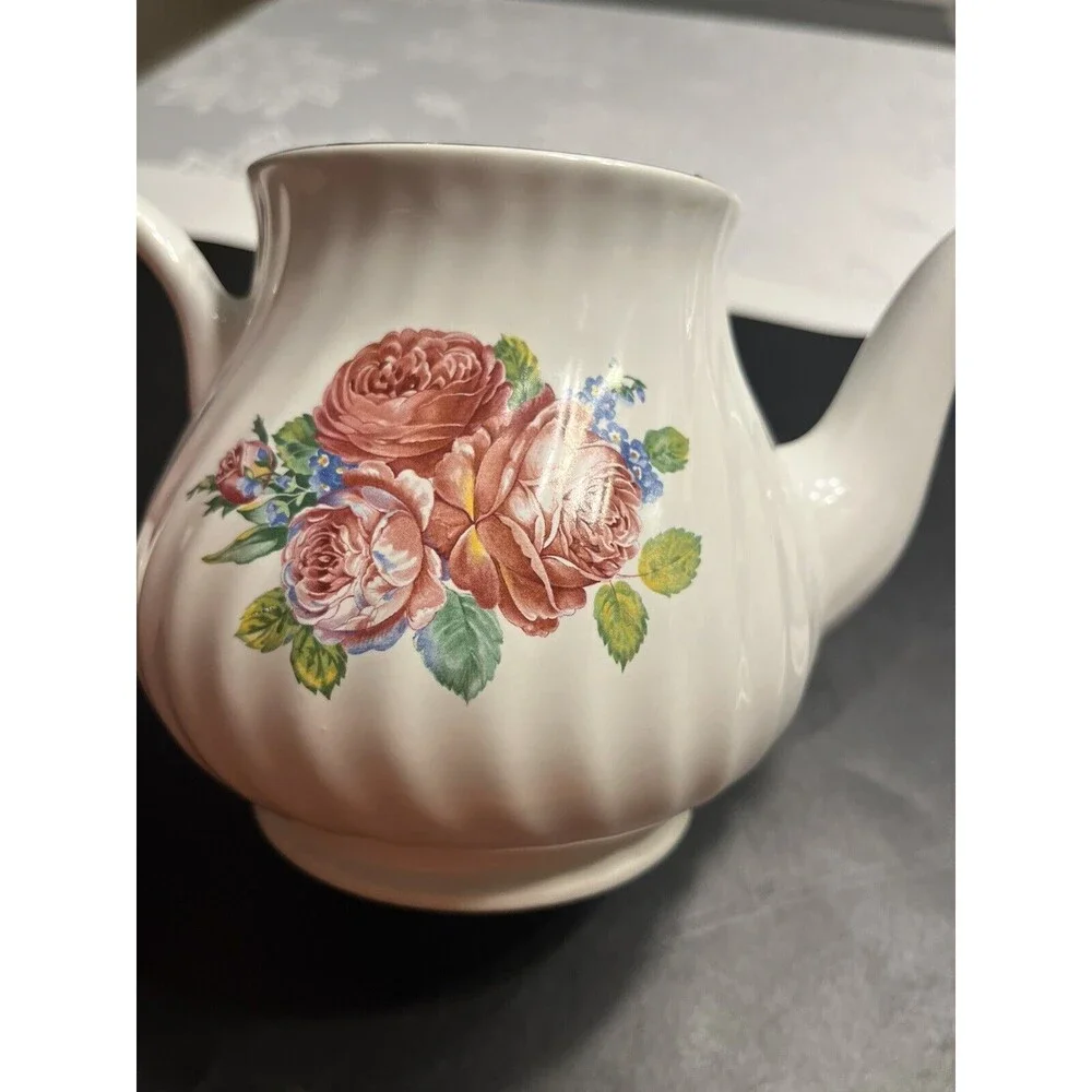 Vtg Arthur Wood England Pink Roses Swirl Gold Trim Teapot